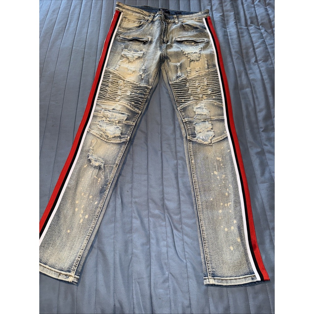 WAIMEA Mens Distressed Skinny Fit Jeans Blue Denim Side Stripe Ripped Size 32x32